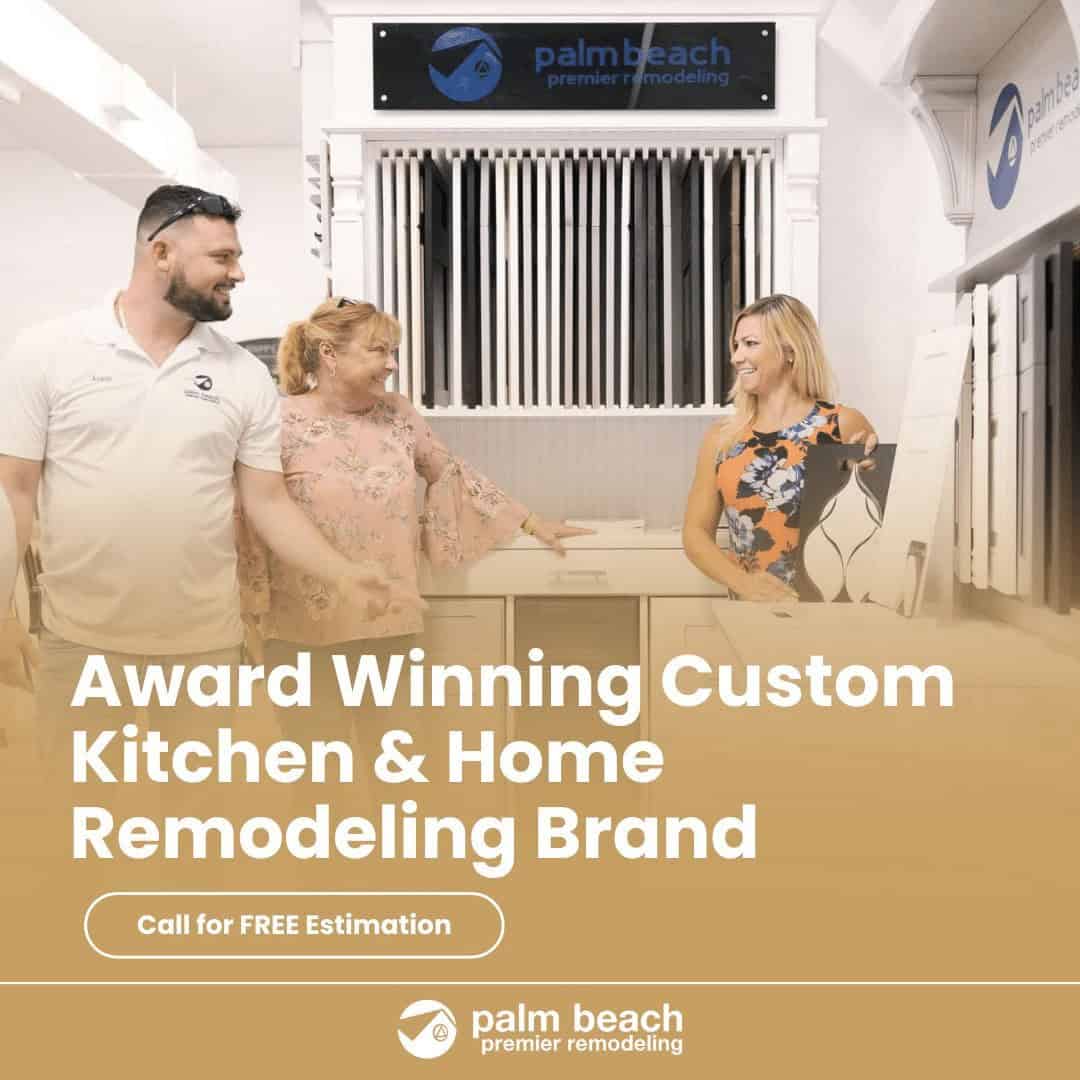 "Palm Beach Premier Remodeling team discussing custom kitchen and home renovation plans, highlighting award-winning services in Palm Beach for kitchen, bathroom, and home remodeling."